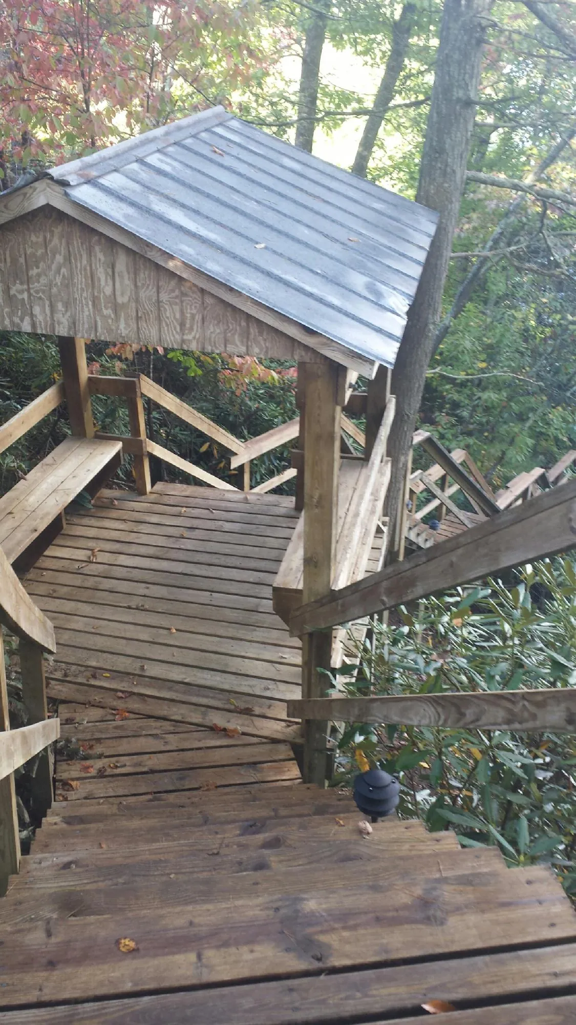 Metal roofed shelter over wooden steps on a wooded walkway — Skylight Repair & Installation work by our crew in Gamaliel